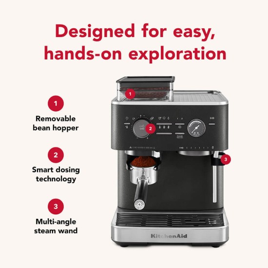 Полуаутоматска електрична машина за еспресо, 1500W, боја „Cave Iron Black“ - KitchenAid