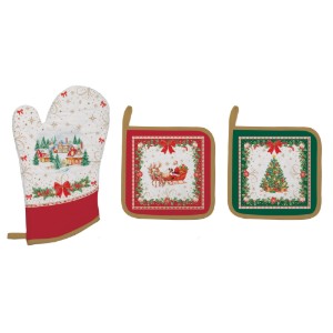Kitchen mitt set and 2 cooking pot holders, "Christmas Heritage" - Easy Life