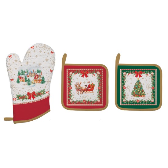 Kitchen mitt set and 2 cooking pot holders, "Christmas Heritage" - Easy Life