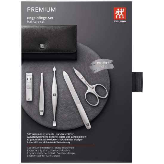 5-delige manicureset, gesatineerd roestvrij staal, zwart leren etui, PREMIUM - Zwilling