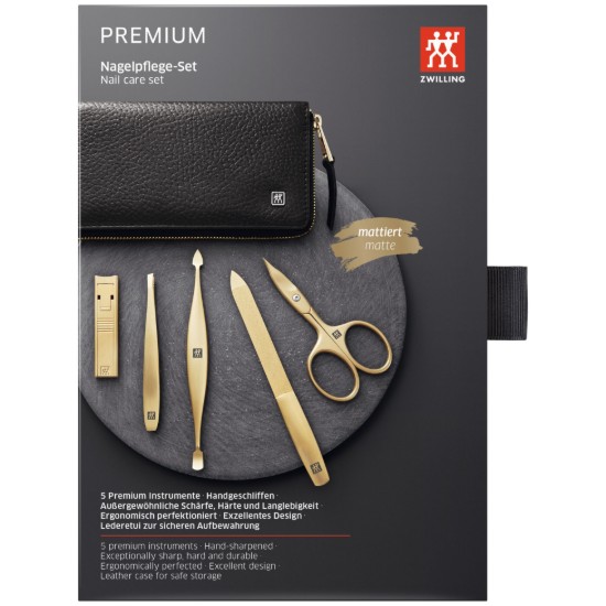 5-piece manicure set, stainless steel, black leather case - Zwilling PREMIUM