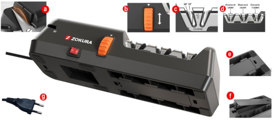 Afiador elétrico para facas e tesouras, com 3 etapas, 18W - Zokura