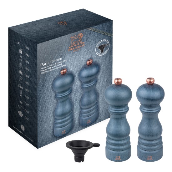 Set of 2 salt and peppercorn grinders, 18 cm, "Paris", Denim - Peugeot