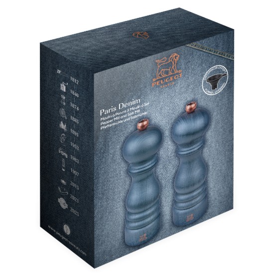 Set of 2 salt and peppercorn grinders, 18 cm, "Paris", Denim - Peugeot
