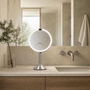 Lustro do makijażu z czujnikiem, 23 cm, "Trio", Brushed Stainless Steel - simplehuman